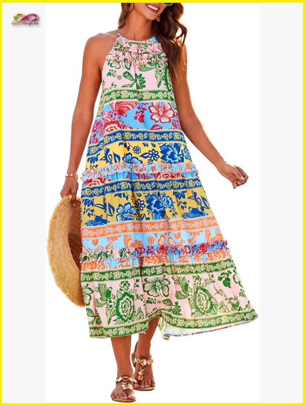 Halter Maxi Dress Boho Floral Tiered Ruffle Sleeveless Sundress Flow
